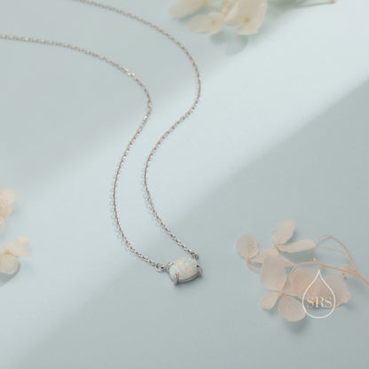 White Opal Oval Necklace in Sterling Silver, Dainty Lab Oval Cabochon Necklace, October Birthstone