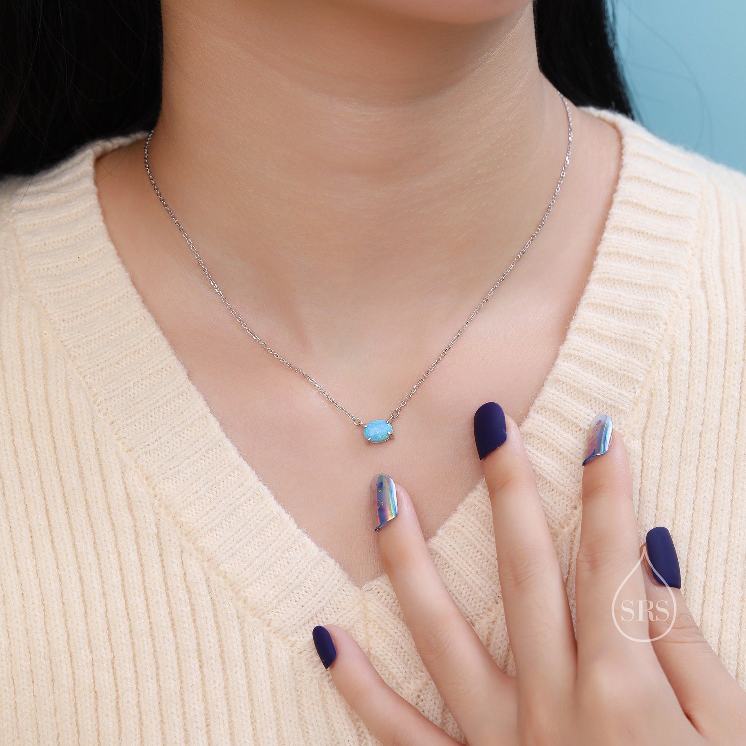 Blue Opal Oval Necklace in Sterling Silver, Dainty Lab Oval Cabochon Necklace, October Birthstone