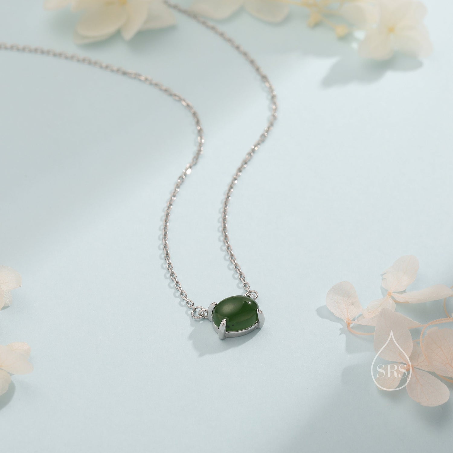Genuine Green Jade Oval Necklace in Sterling Silver, Dainty Jade Oval Cabochon Necklace, Natural Jade Necklace