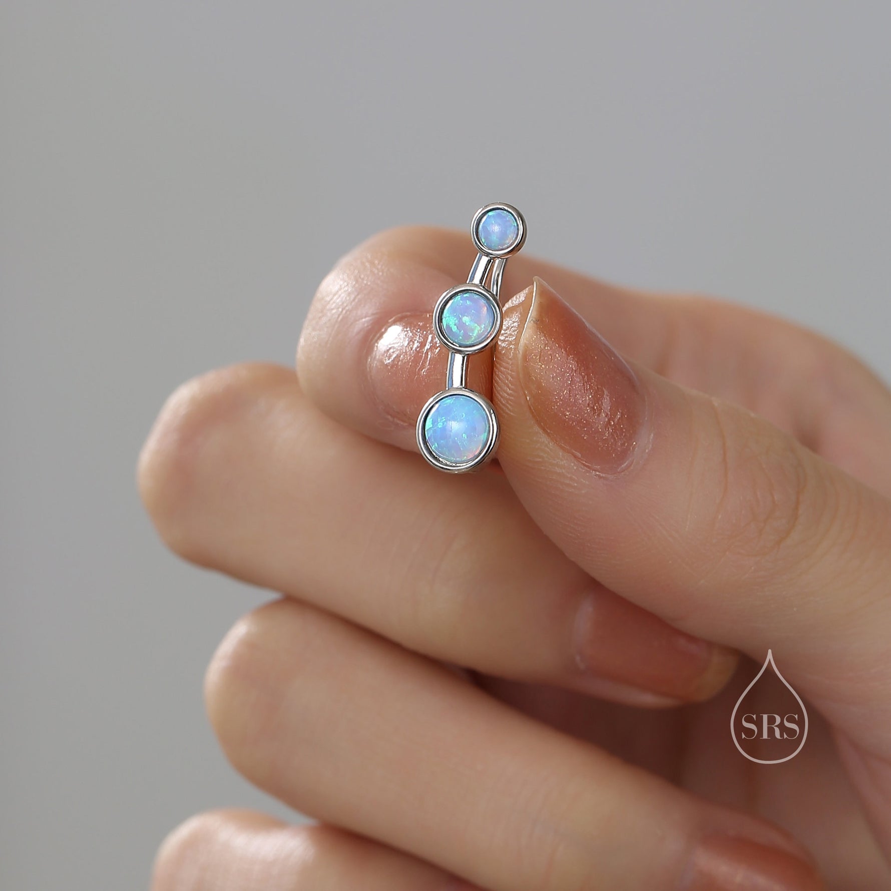 Blue Opal Trio Crawler Earrings in Sterling Silver, Opal Ear Climbers, Silver or Gold, Lab Opal Earrings