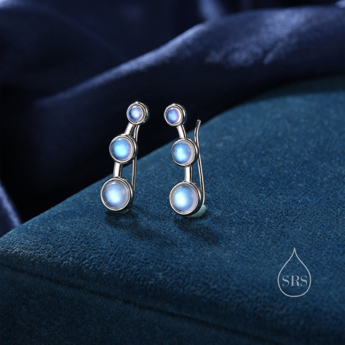 Moonstone Trio Crawler Earrings in Sterling Silver, Simulated Moonstone Ear Climbers, Silver or Gold, Lab Moonstone Earrings