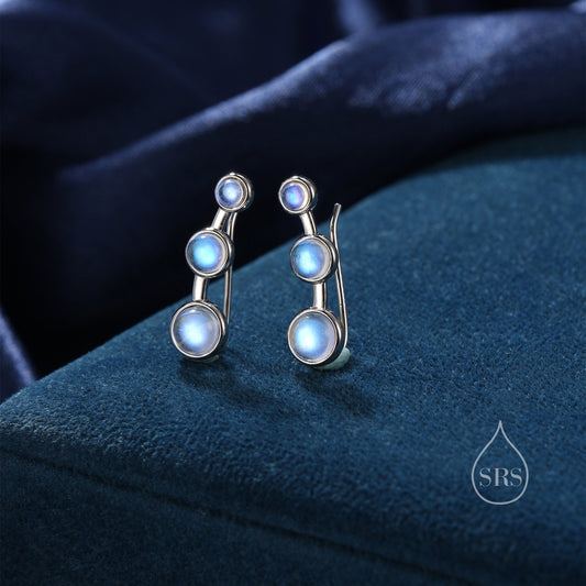 Moonstone Trio Crawler Earrings in Sterling Silver, Simulated Moonstone Ear Climbers, Silver or Gold, Lab Moonstone Earrings