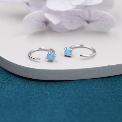 Blue Opal Huggie Hoop Earrings in Sterling Silver, 3mm or 4mm Tiny Opal Open Hoop Earrings, Opal Pull Through Threaders, Half Hoops,