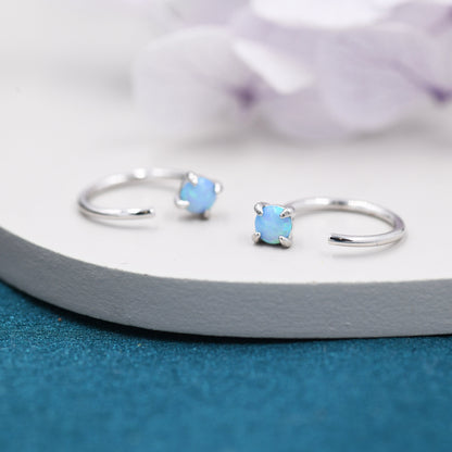 Blue Opal Huggie Hoop Earrings in Sterling Silver, 3mm or 4mm Tiny Opal Open Hoop Earrings, Opal Pull Through Threaders, Half Hoops,