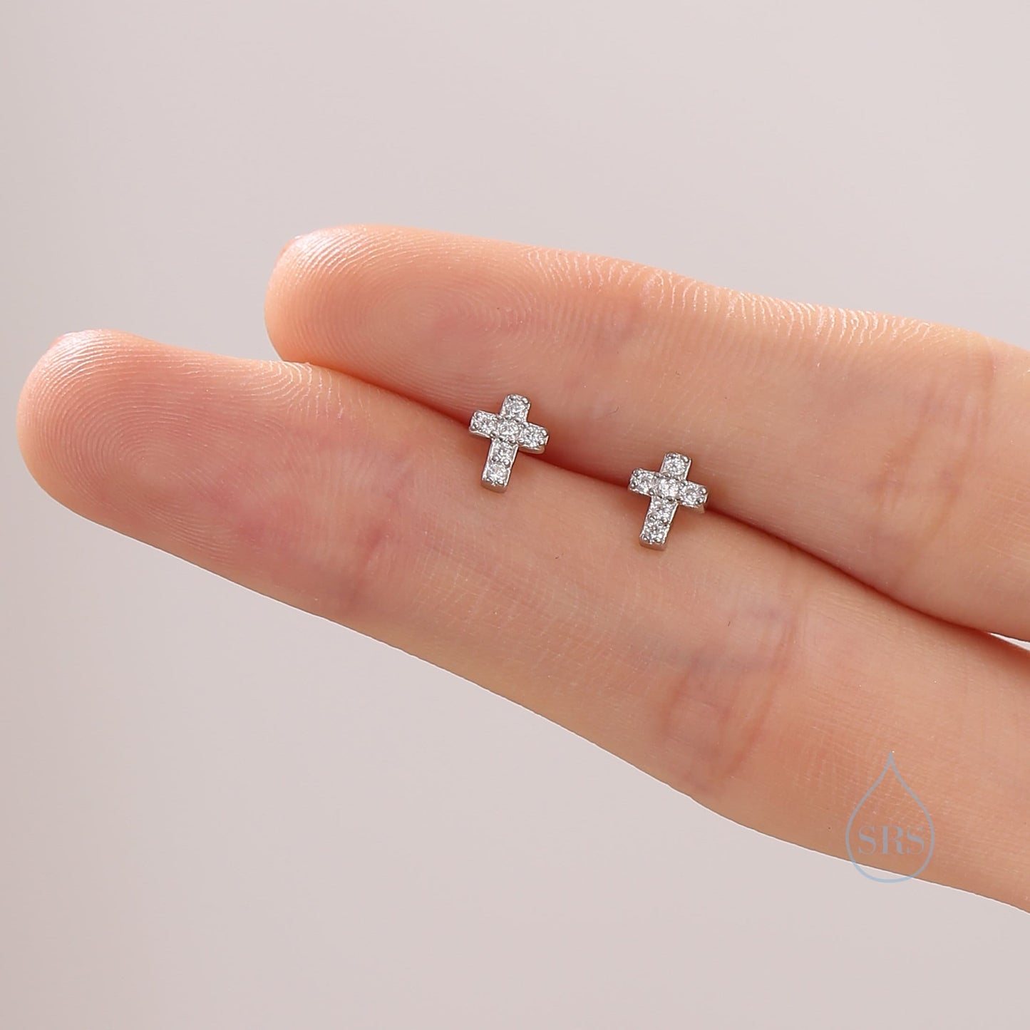 Very Tiny Cross Stud Earrings in Sterling Silver with CZ crystals, Crystal Pave Cross Earrings, Tiny Cross Stud