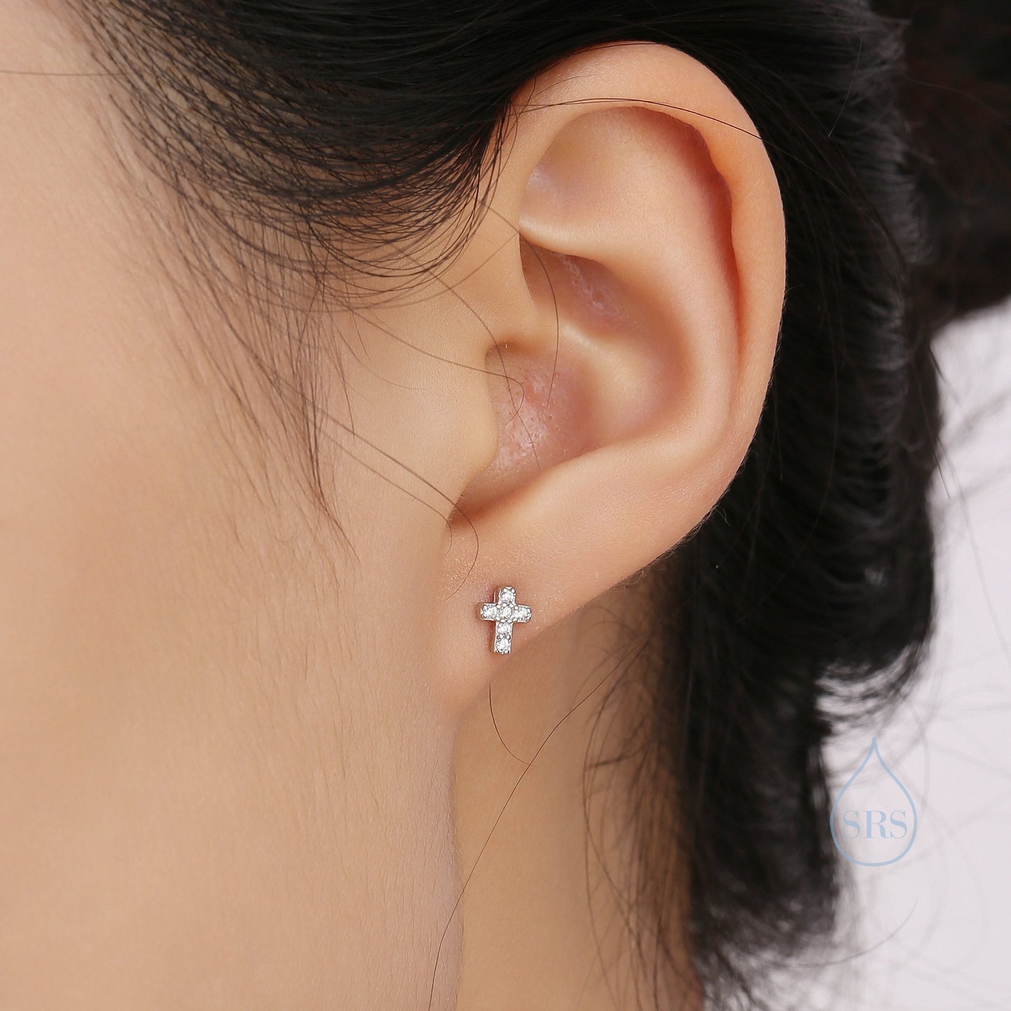 Very Tiny Cross Stud Earrings in Sterling Silver with CZ crystals, Crystal Pave Cross Earrings, Tiny Cross Stud