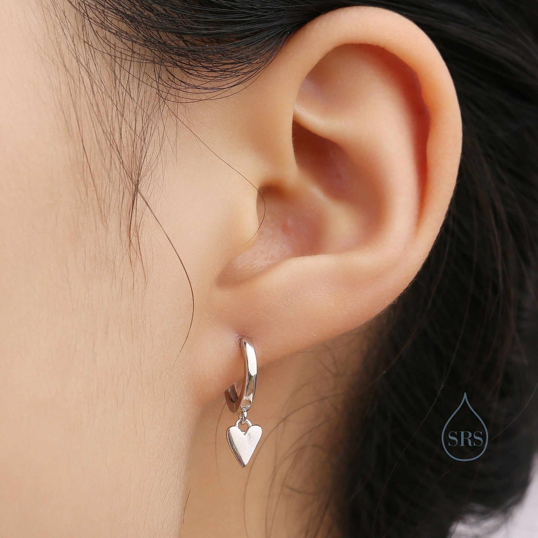 Tiny Heart Dangle Huggie Hoop in Sterling Silver, Silver or Gold or Rose Gold, Skinny Heart Earrings, Heart Huggie Hoops