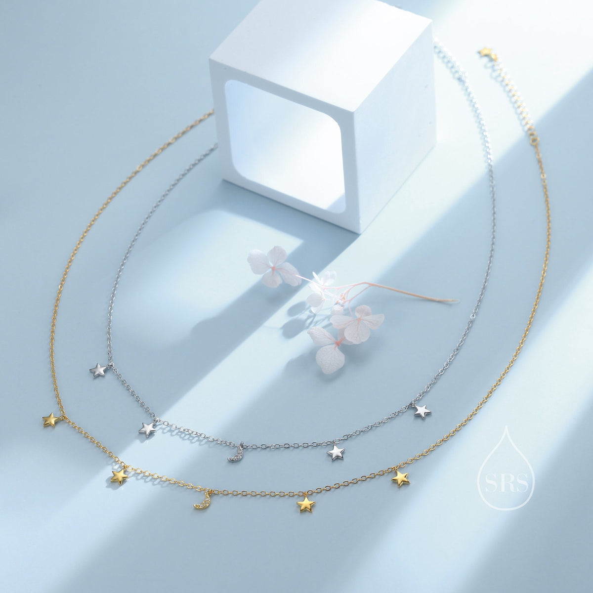 Crescent Moon and Star CZ Charm Necklace in Sterling Silver, Silver or Gold, Star and Moon Necklace, Star Moon Pendant, New Moon Necklace