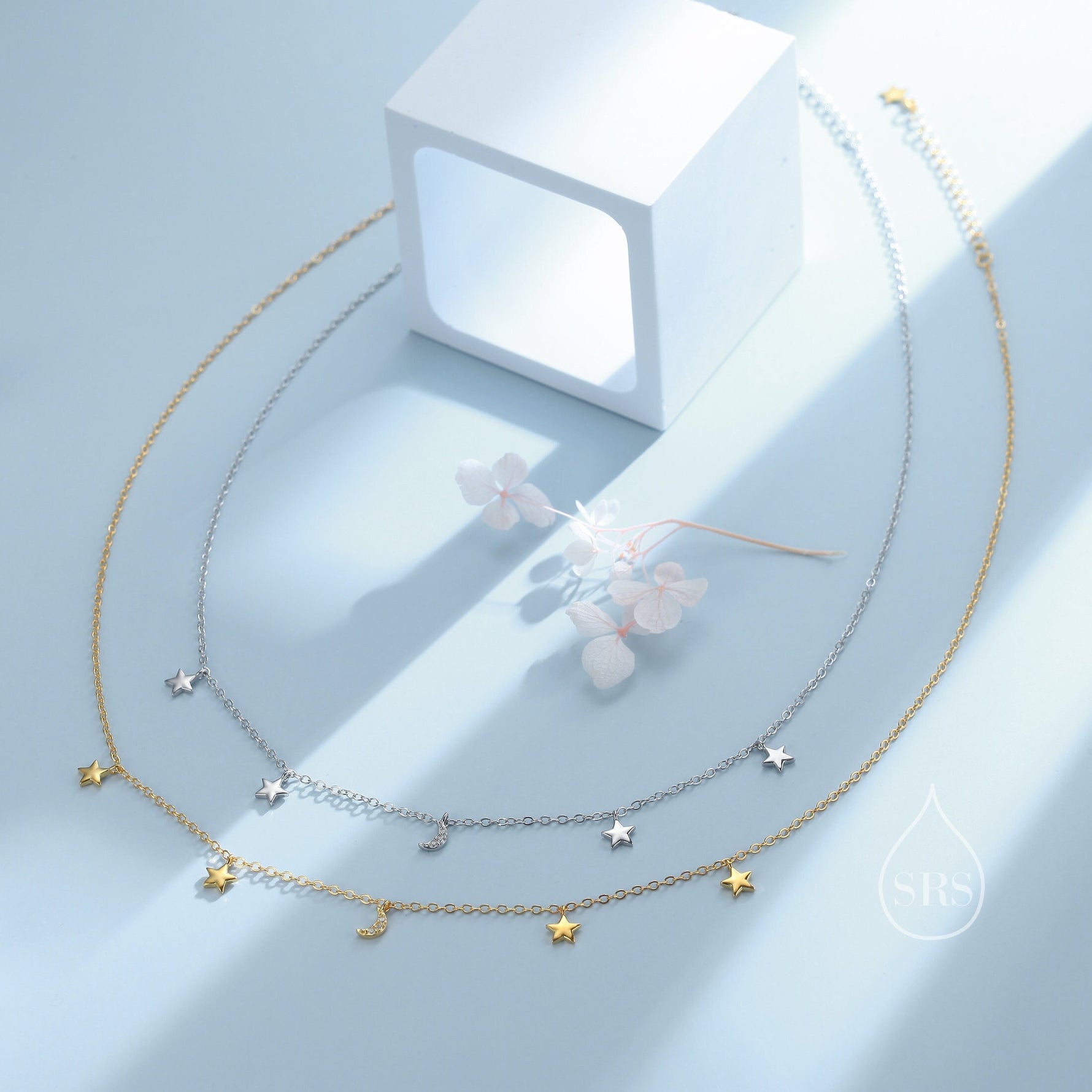 Crescent Moon and Star CZ Charm Necklace in Sterling Silver, Silver or Gold, Star and Moon Necklace, Star Moon Pendant, New Moon Necklace