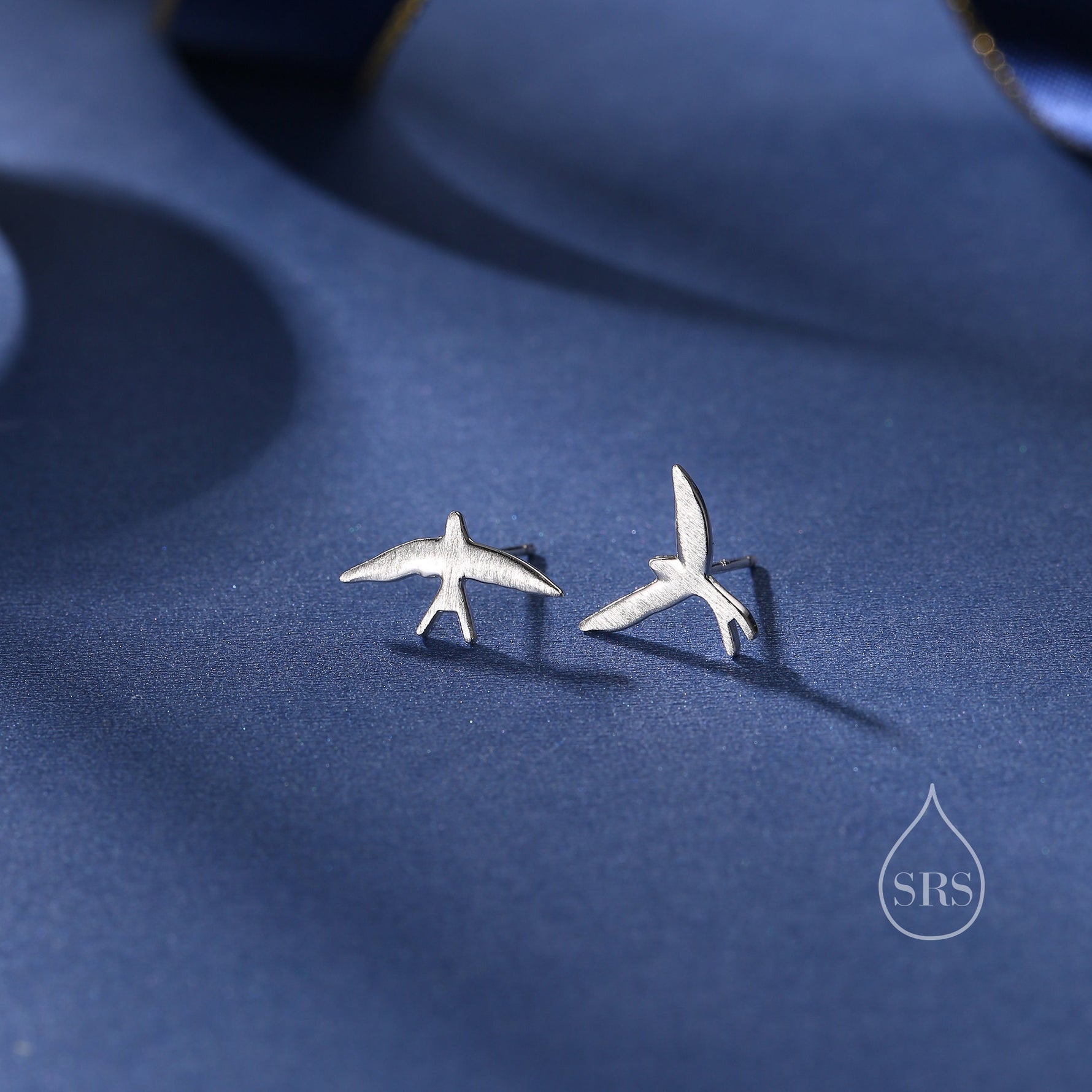 Sterling Silver Mismatched Asymmetric Swallow Bird Silhouette Stud Earrings - Textured Finish, Stacking Earrings -Fun, Whimsical and Pretty