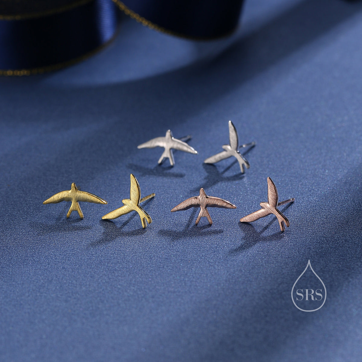 Sterling Silver Mismatched Asymmetric Swallow Bird Silhouette Stud Earrings - Textured Finish, Stacking Earrings -Fun, Whimsical and Pretty