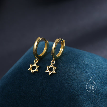 Pair of Star of David Huggie Hoop Earrings in Sterling Silver, Silver, Gold or Rose Gold, Tiny Star Hoops