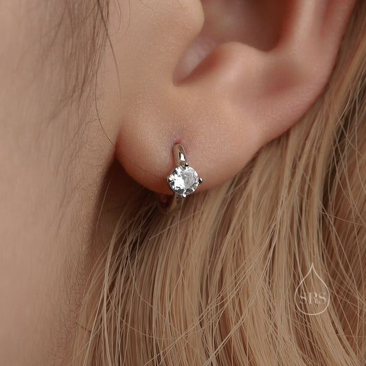 Tiny CZ Solitaire Huggie Hoop in Sterling Silver, Silver or Gold or Rose Gold, Single CZ Huggie Earrings, CZ Huggie Hoops