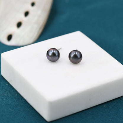 Natural Black Pearl Stud Earrings in Sterling Silver, 5mm or 6mm,  Silver Freshwater Pearl Earrings, Star Earrings, Natural Pearl Earrings