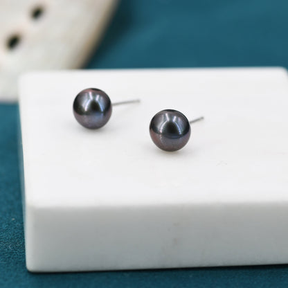 Natural Black Pearl Stud Earrings in Sterling Silver, 5mm or 6mm,  Silver Freshwater Pearl Earrings, Star Earrings, Natural Pearl Earrings