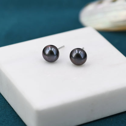 Natural Black Pearl Stud Earrings in Sterling Silver, 5mm or 6mm,  Silver Freshwater Pearl Earrings, Star Earrings, Natural Pearl Earrings