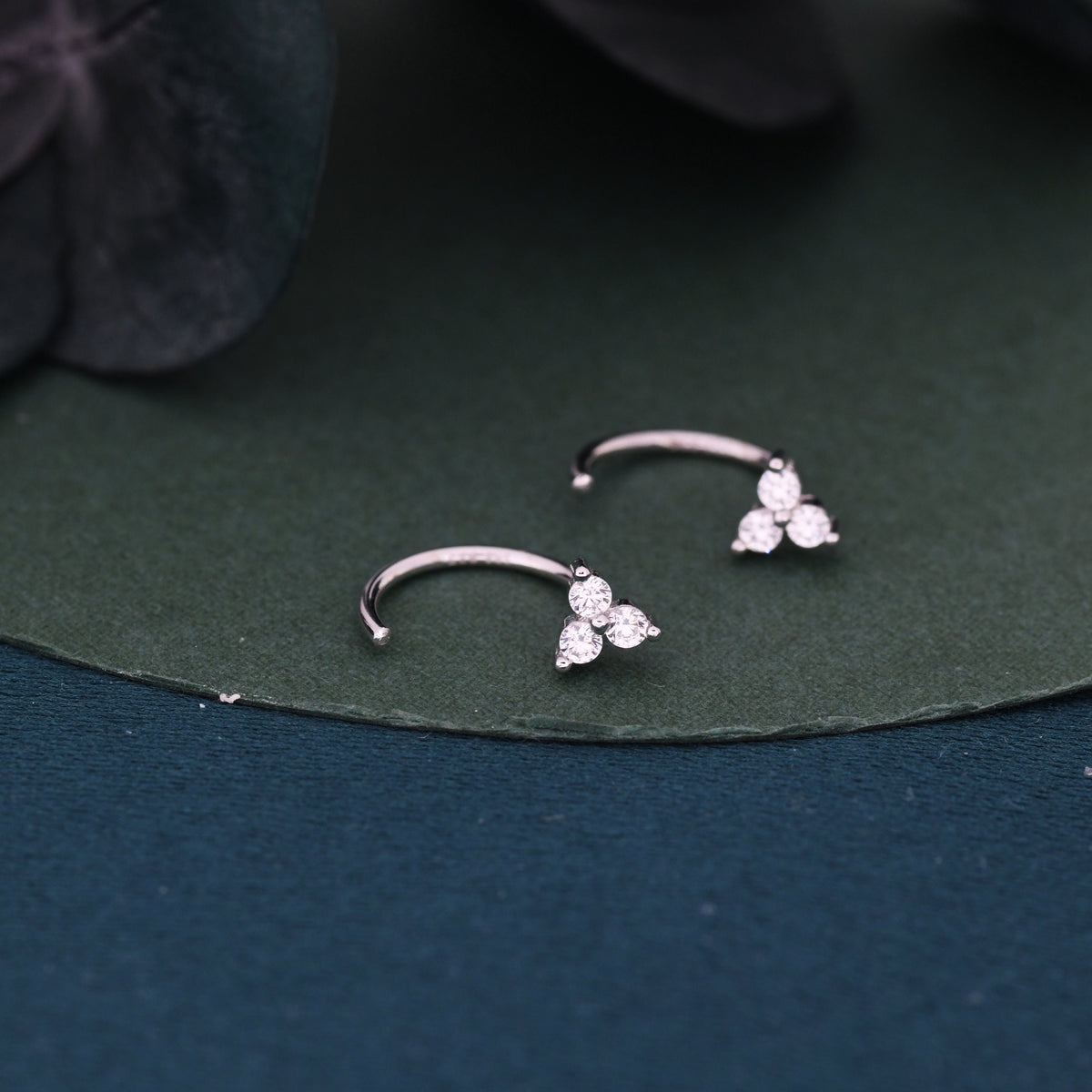 Three CZ Trinity Threader Hoop Earrings in Sterling Silver, Three Dot Open Hoop Earrings, Huggie Hoop, Silver or Gold, Pull Through