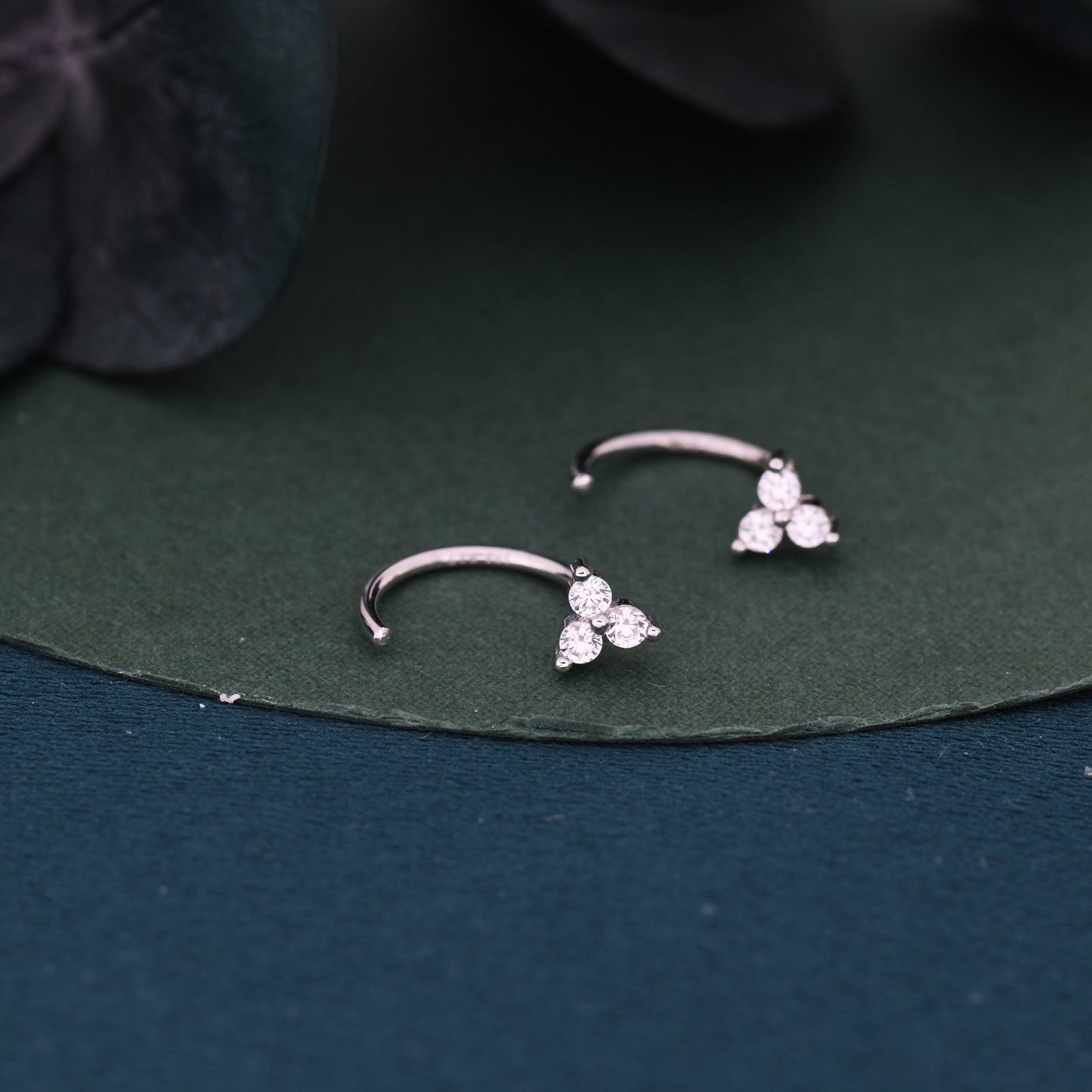 Three CZ Trinity Threader Hoop Earrings in Sterling Silver, Three Dot Open Hoop Earrings, Huggie Hoop,  Silver or Gold, Pull Through