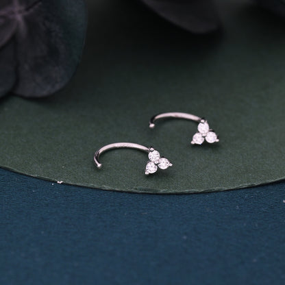 Three CZ Trinity Threader Hoop Earrings in Sterling Silver, Three Dot Open Hoop Earrings, Huggie Hoop,  Silver or Gold, Pull Through