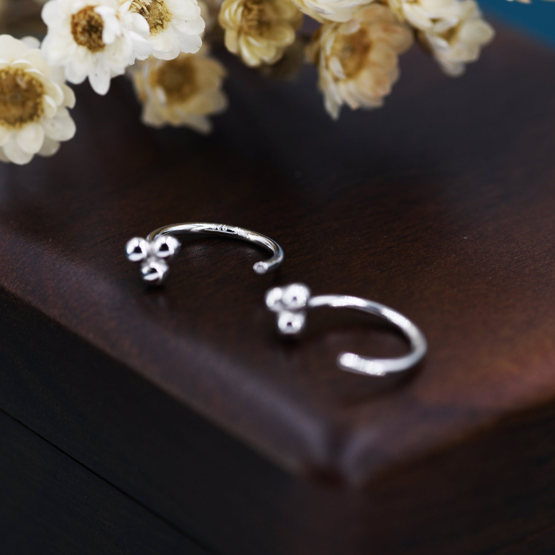 Tiny Three Ball Huggie Hoop Earrings in Sterling Silver, Three Ball Cluster Earrings, Open Hoops, Pull-Through Threader Earrings,