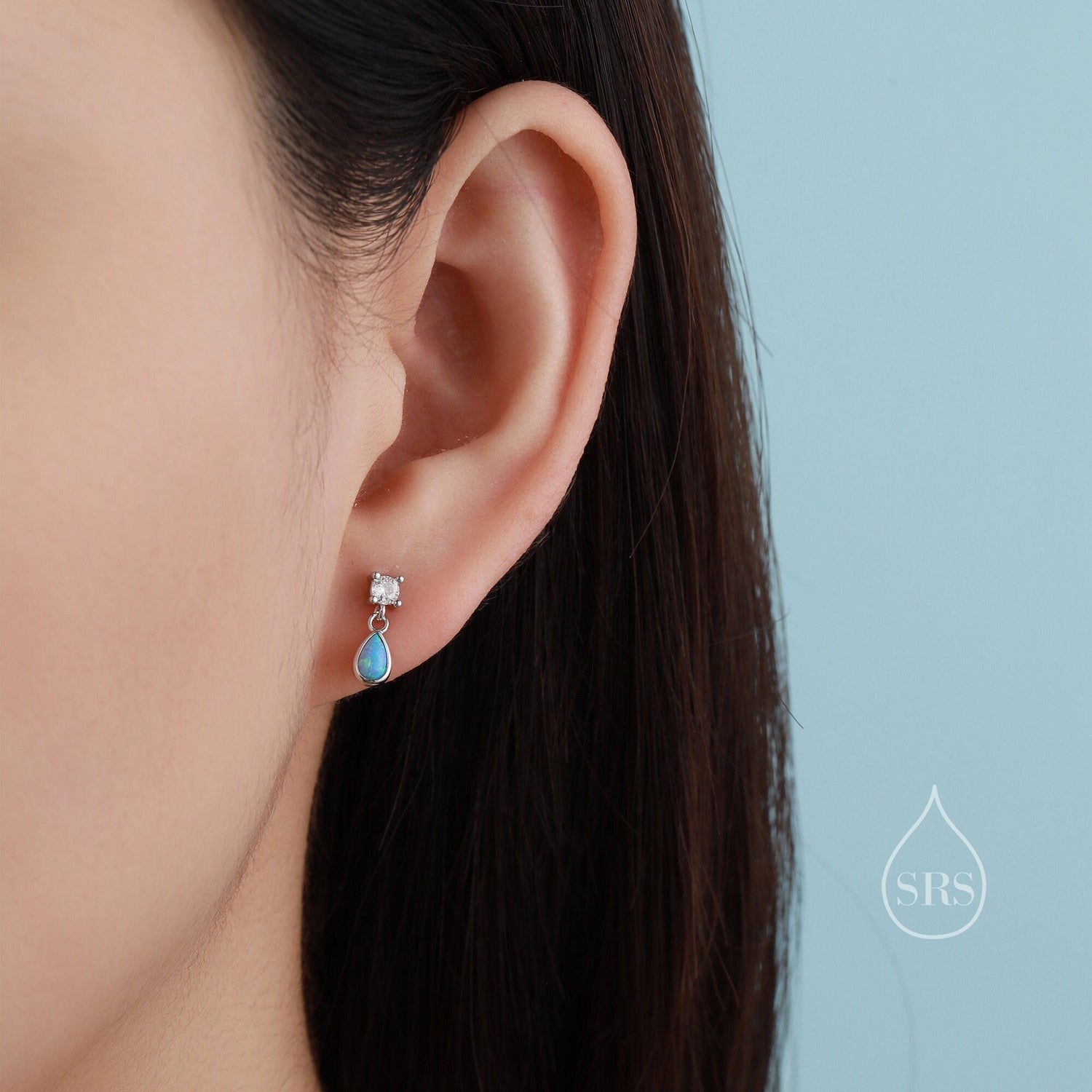 Tiny Opal Dangle Stud Earrings in Sterling Silver with Round CZ and Droplet Opals, Silver or Gold, White Opal or Blue Opal