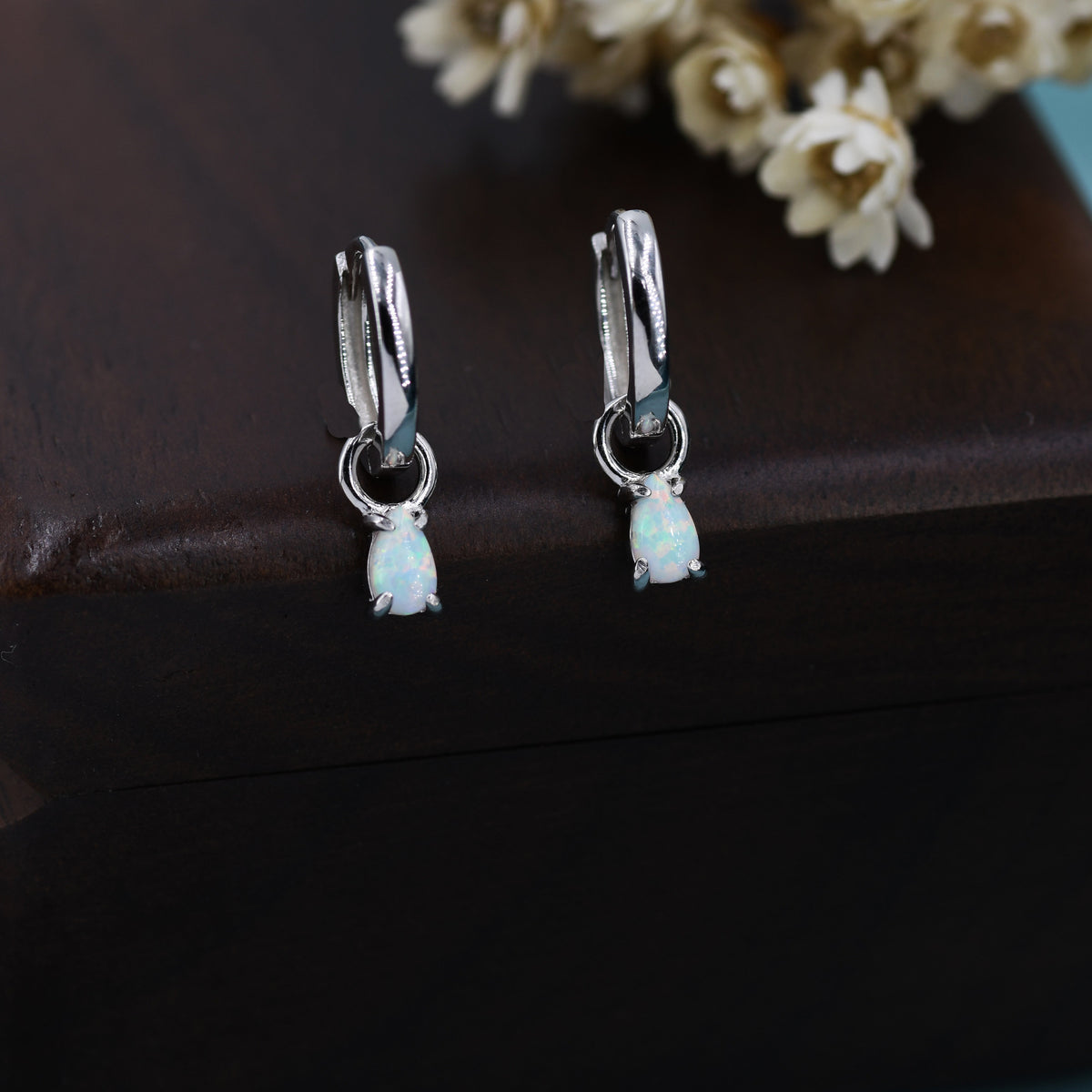 White Opal Droplet Huggie Hoop Earrings in Sterling Silver, Prong Set, Lab Opal Hoops, Silver or Gold, Detachable