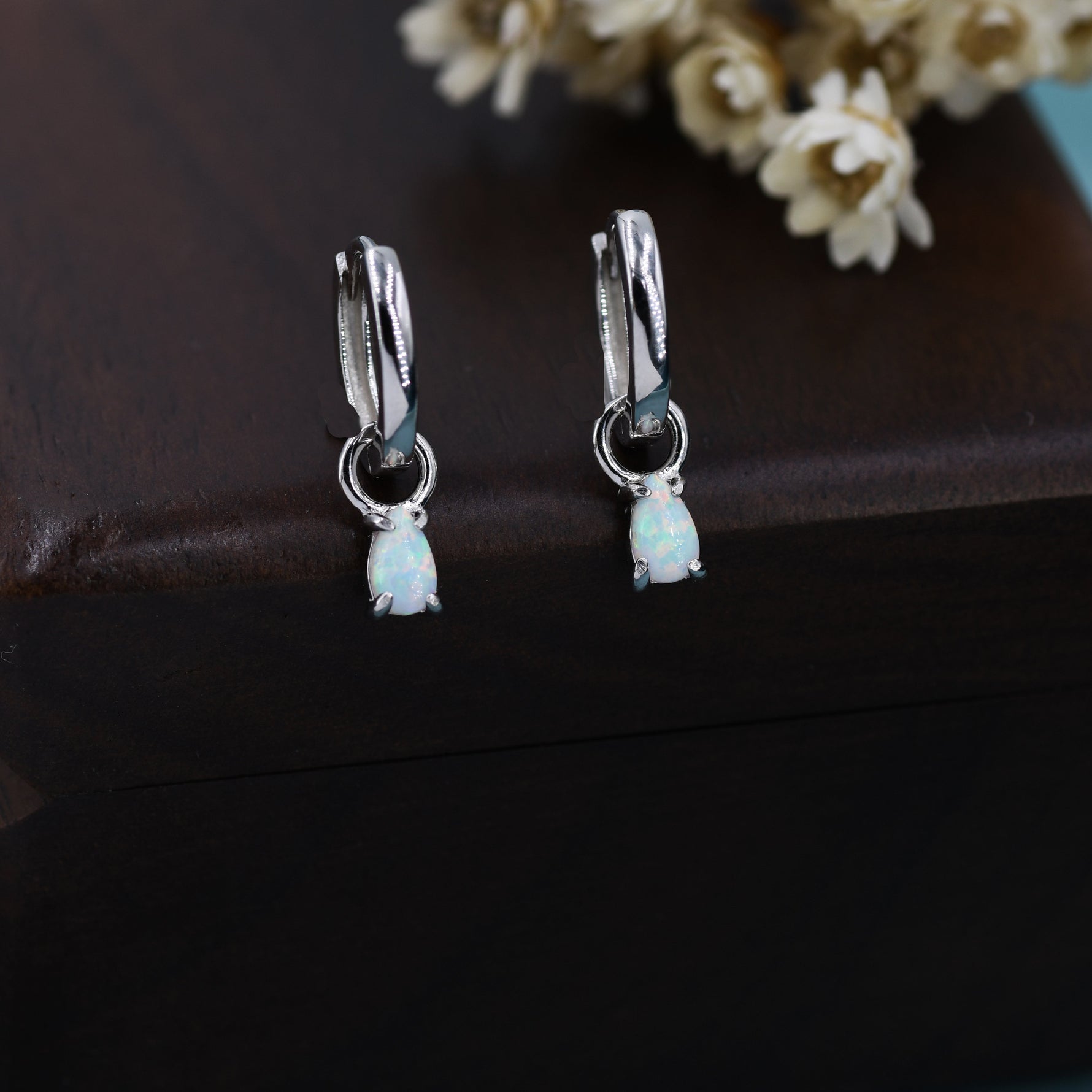 White Opal Droplet Huggie Hoop Earrings in Sterling Silver, Prong Set, Lab Opal Hoops, Silver or Gold, Detachable