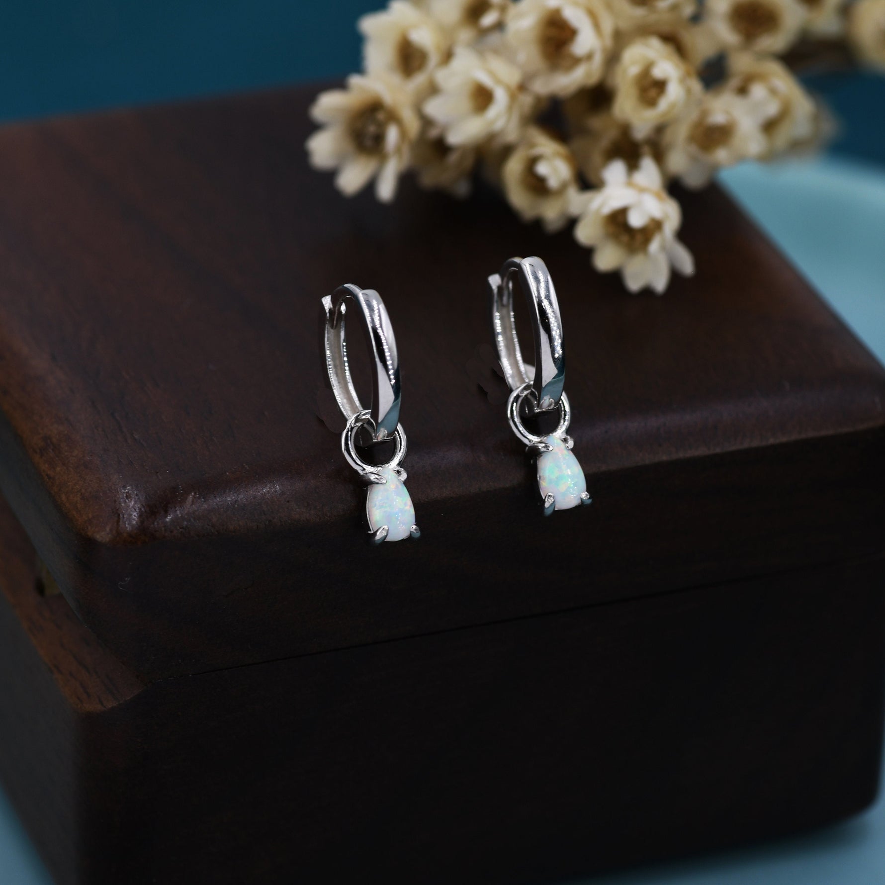 White Opal Droplet Huggie Hoop Earrings in Sterling Silver, Prong Set, Lab Opal Hoops, Silver or Gold, Detachable