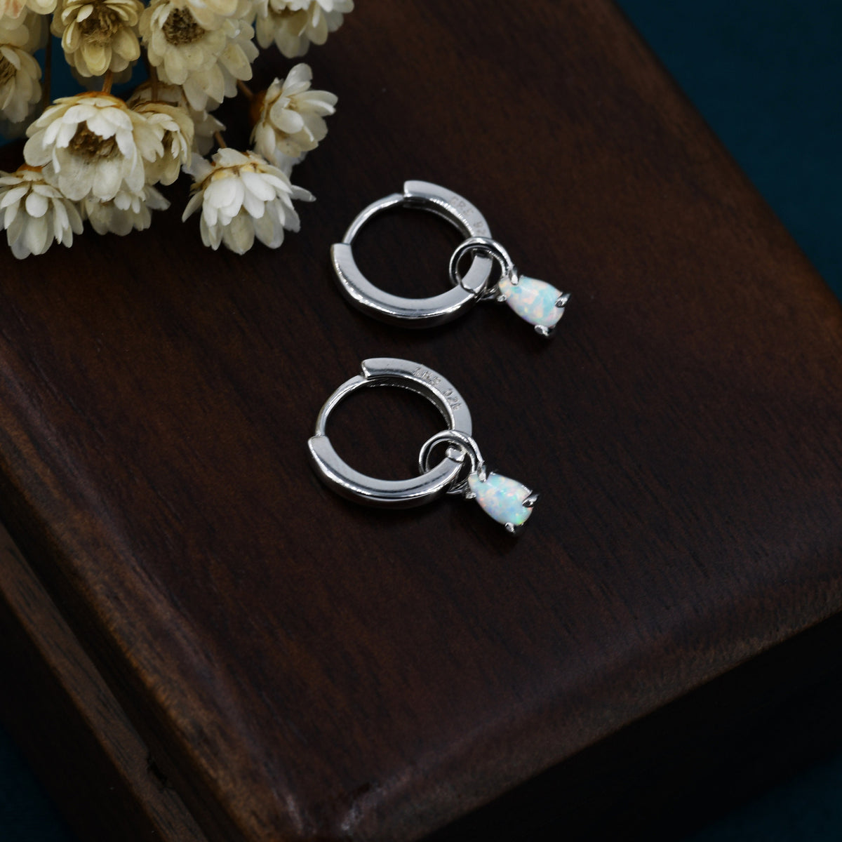 White Opal Droplet Huggie Hoop Earrings in Sterling Silver, Prong Set, Lab Opal Hoops, Silver or Gold, Detachable