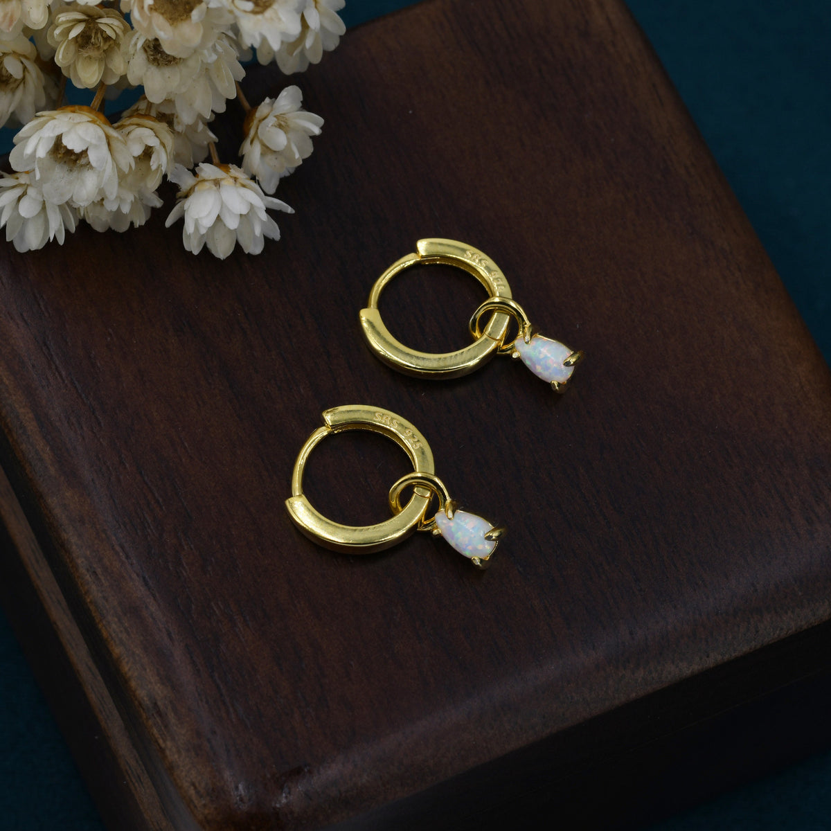 White Opal Droplet Huggie Hoop Earrings in Sterling Silver, Prong Set, Lab Opal Hoops, Silver or Gold, Detachable