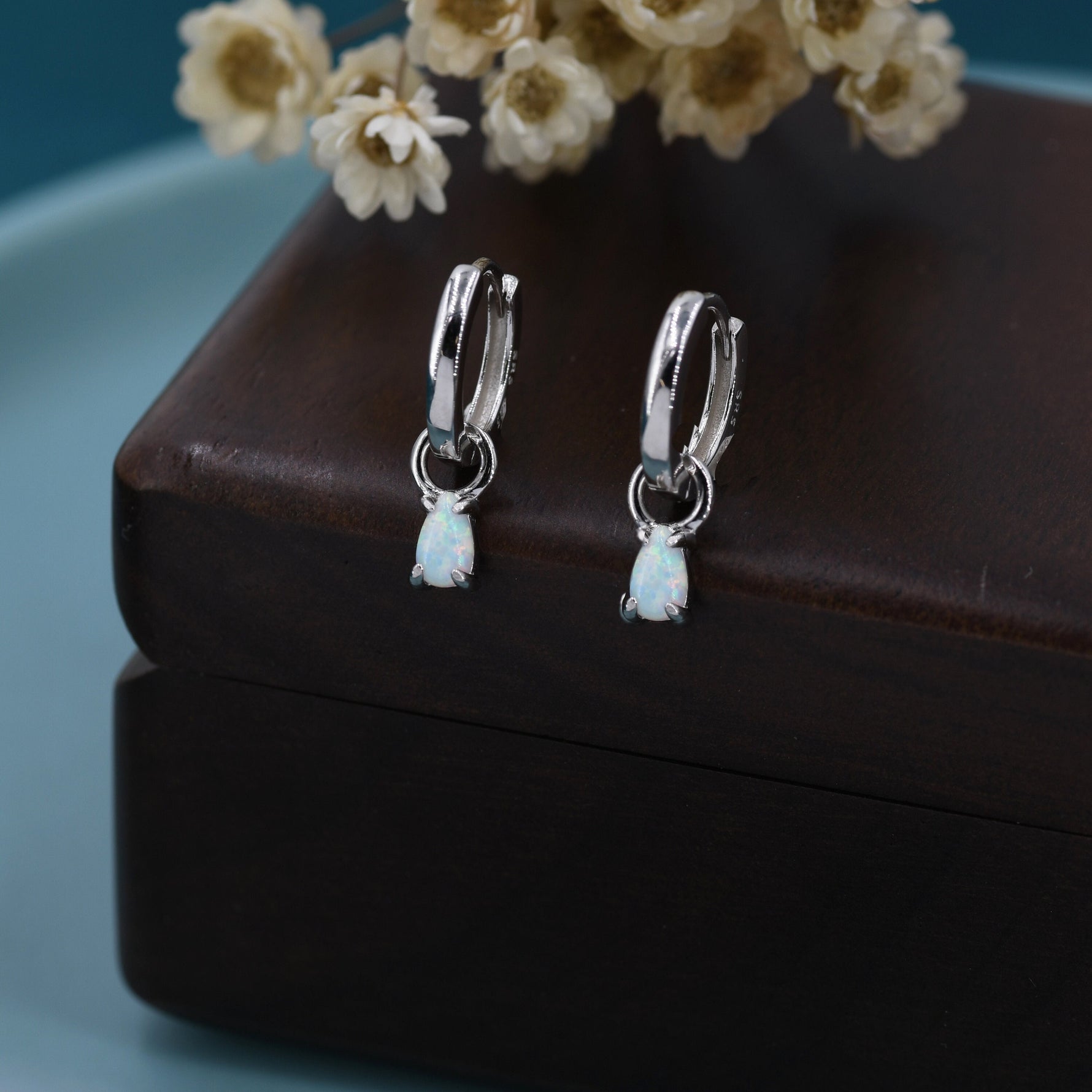 White Opal Droplet Huggie Hoop Earrings in Sterling Silver, Prong Set, Lab Opal Hoops, Silver or Gold, Detachable