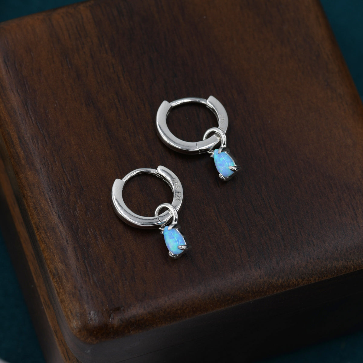 Blue Opal Droplet Huggie Hoop Earrings in Sterling Silver, Prong Set, Lab Opal Hoops, Silver or Gold, Detachable