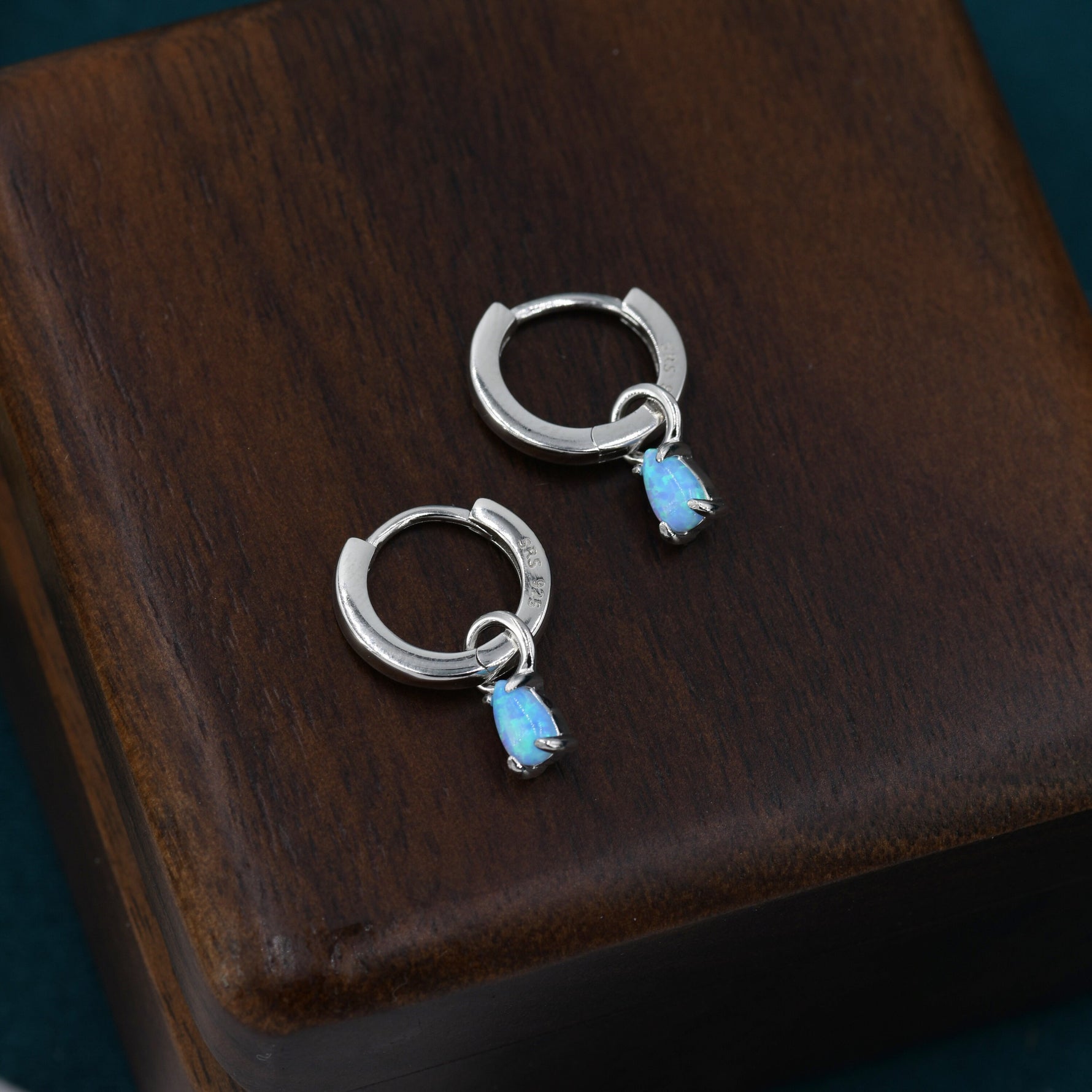 Blue Opal Droplet Huggie Hoop Earrings in Sterling Silver, Prong Set, Lab Opal Hoops, Silver or Gold, Detachable