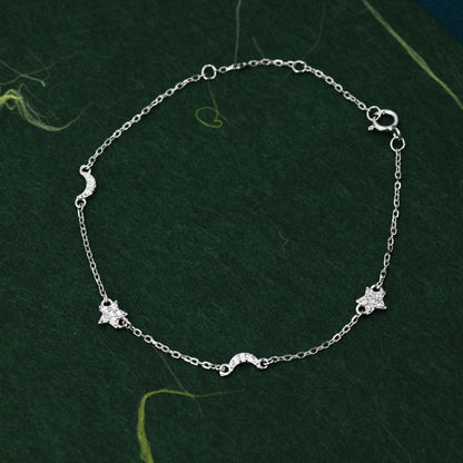 CZ Moon and Star Motif Bracelet in Sterling Silver, Silver, Gold or Rose Gold, Star Bracelet, Star Jewellery, CZ Star Bracelet
