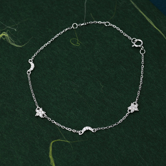 CZ Moon and Star Motif Bracelet in Sterling Silver, Silver, Gold or Rose Gold, Star Bracelet, Star Jewellery, CZ Star Bracelet