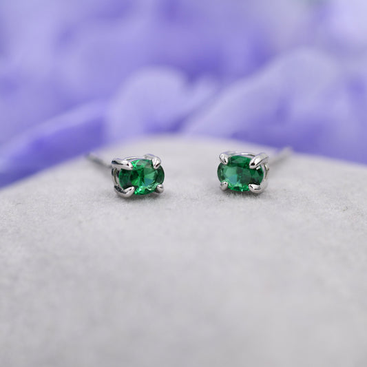 Very Tiny Emerald Green Oval CZ Stud Earrings in Sterling Silver, Silver or Gold, Oval Cut Crystal Earrings, May Birthstone