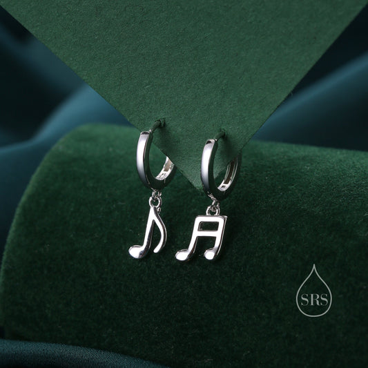 Mismatched Pair of Music Symbol Huggie Hoop Earrings in Sterling Silver, Silver, Gold or Rose Gold, Tiny Music Note Hoops