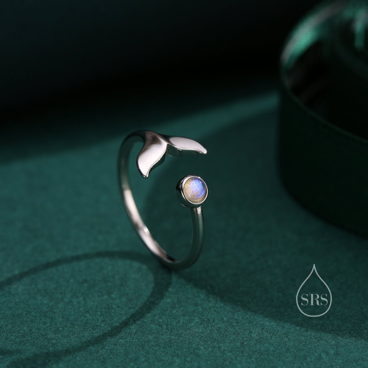 Whale Tail Open Ring in Sterling Silver with Moonstone, Adjustable, Whale Ring, Fish Ring, Ocean Inspired, Nature Jewellery, Animal Ring