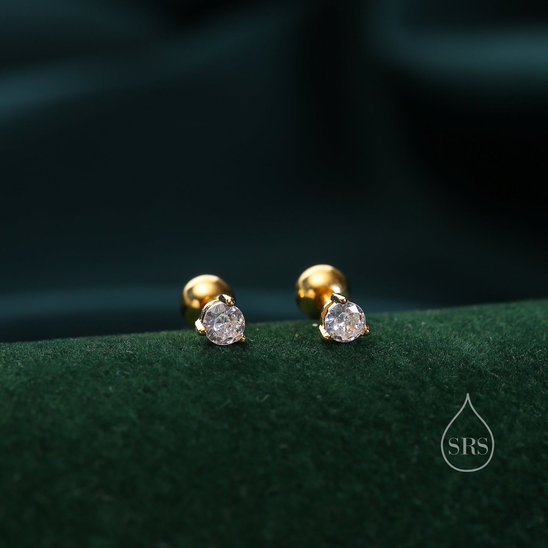 Extra Tiny 3mm CZ Screw Back Earrings in Sterling Silver, Silver or Gold, Green, Blue, Clear or Purple, CZ Screwback Earrings, Barbell