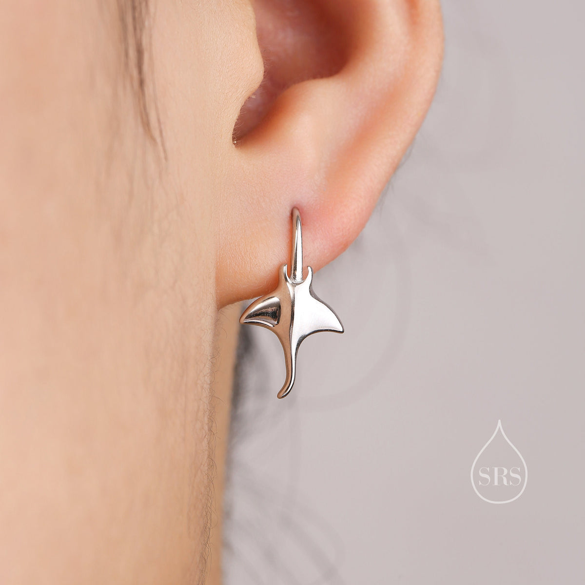 Sterling Silver Manta Ray Fish Drop Hook Earrings, Stingray Dangle Hoop Earrings, Dainty Fish Dangle Earrings