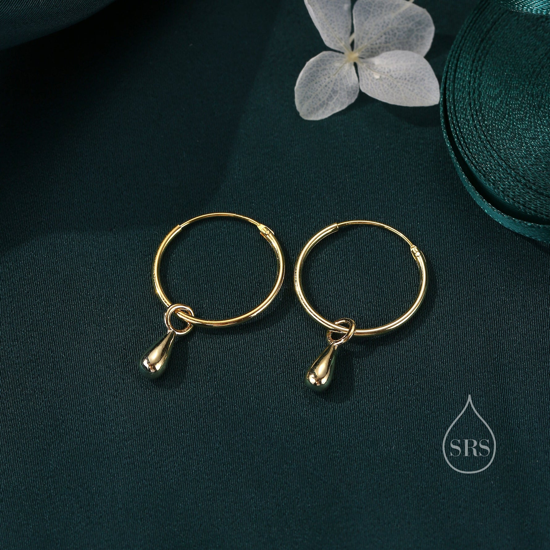 Droplet Dangle Hoop Earrings in Sterling Silver, Minimalist Raindrop Charm Hoop Earrings, Detachable Charm Hoops