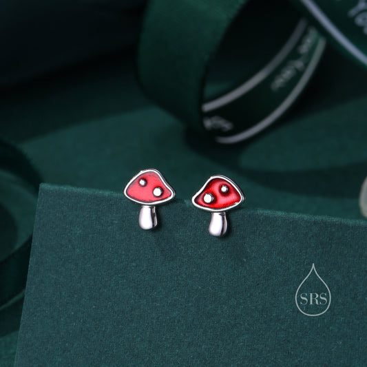 Tiny Mushroom Stud Earrings in Sterling Silver, Hand Painted Enamel, Fly Agaric, Nature Inspired Plant Earrings, Fungus Earrings