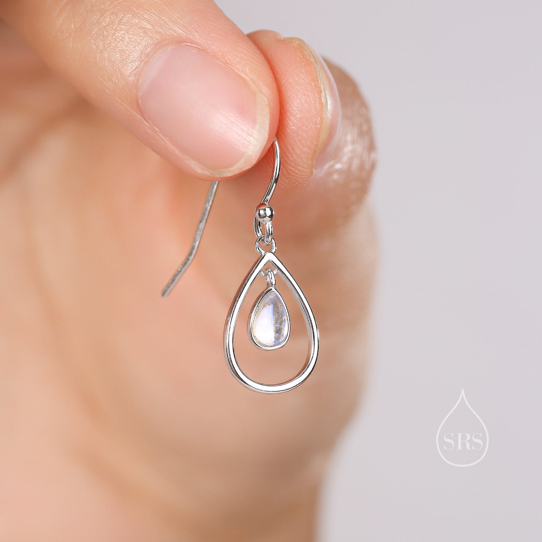 Moonstone Droplet Drop Hook Earrings in Sterling Silver, Delicate Lab Moonstone Geometric Earrings, Moonstone Droplet Dangle Earrings