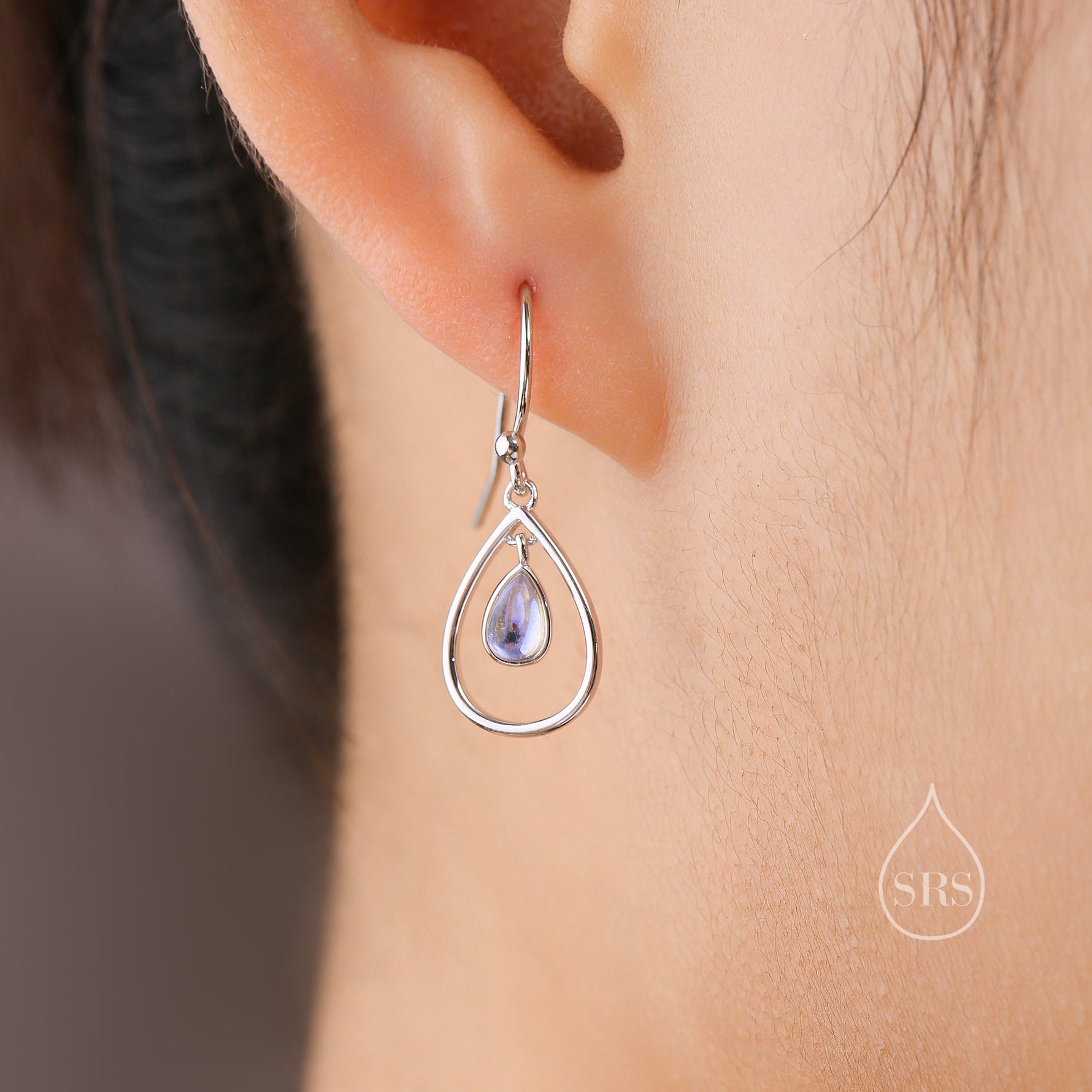 Moonstone Droplet Drop Hook Earrings in Sterling Silver, Delicate Lab Moonstone Geometric Earrings, Moonstone Droplet Dangle Earrings