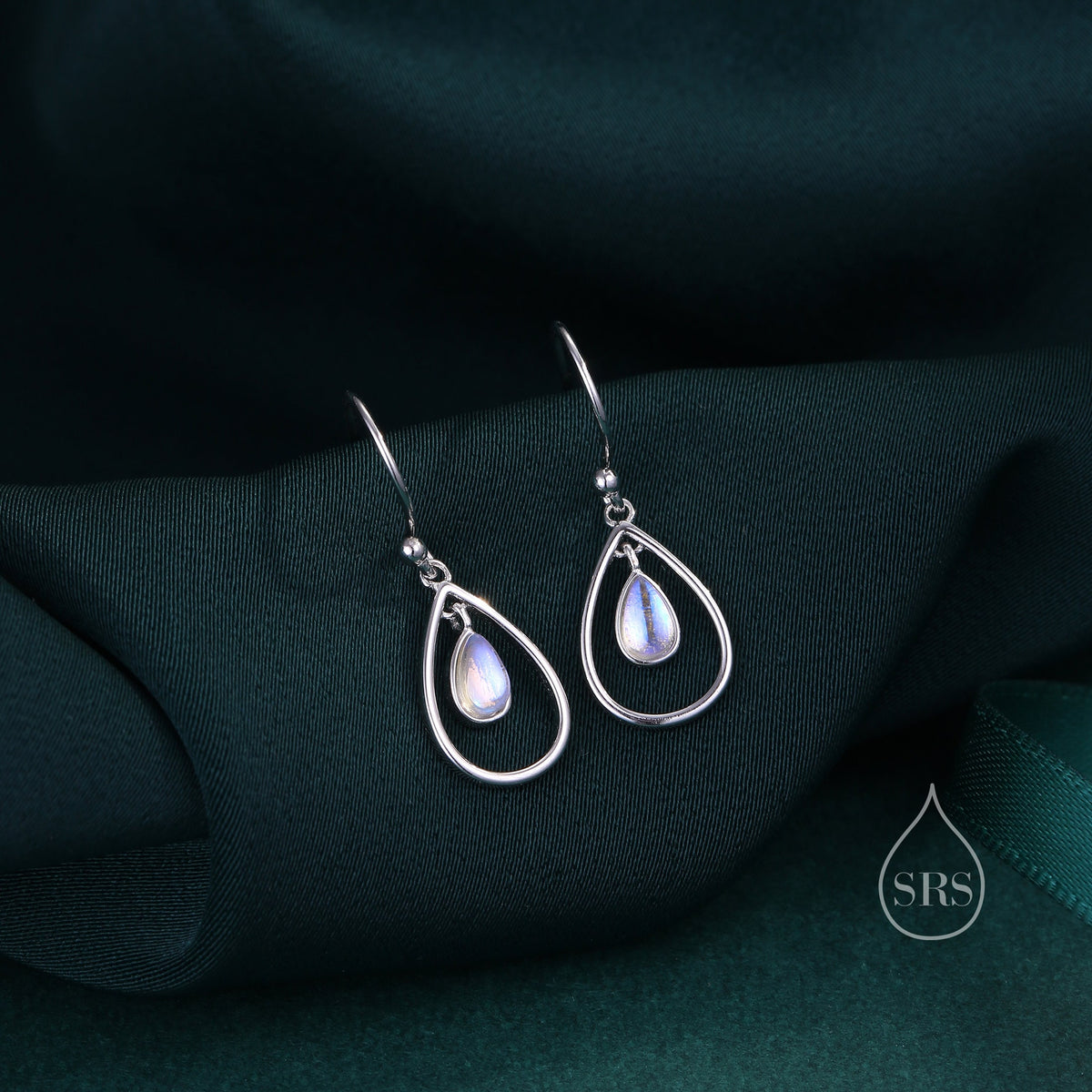 Moonstone Droplet Drop Hook Earrings in Sterling Silver, Delicate Lab Moonstone Geometric Earrings, Moonstone Droplet Dangle Earrings
