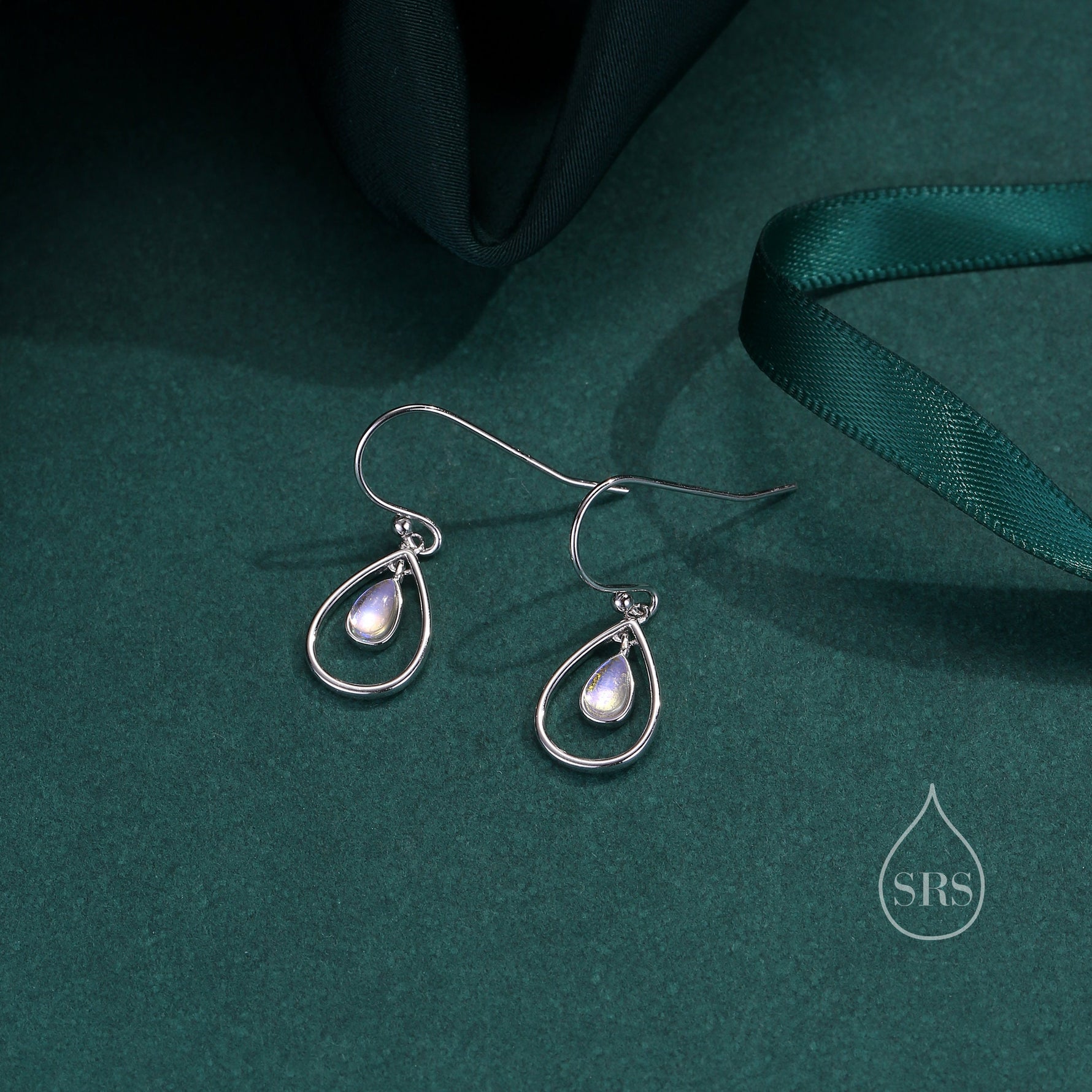 Moonstone Droplet Drop Hook Earrings in Sterling Silver, Delicate Lab Moonstone Geometric Earrings, Moonstone Droplet Dangle Earrings