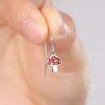 Dangling Mushroom Drop Hook Earrings in Sterling Silver, Mushroom Dangle Earrings, Red Enamel Mushroom Earrings, Toadstool Earrings
