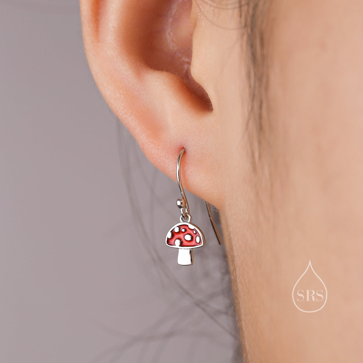 Dangling Mushroom Drop Hook Earrings in Sterling Silver, Mushroom Dangle Earrings, Red Enamel Mushroom Earrings, Toadstool Earrings