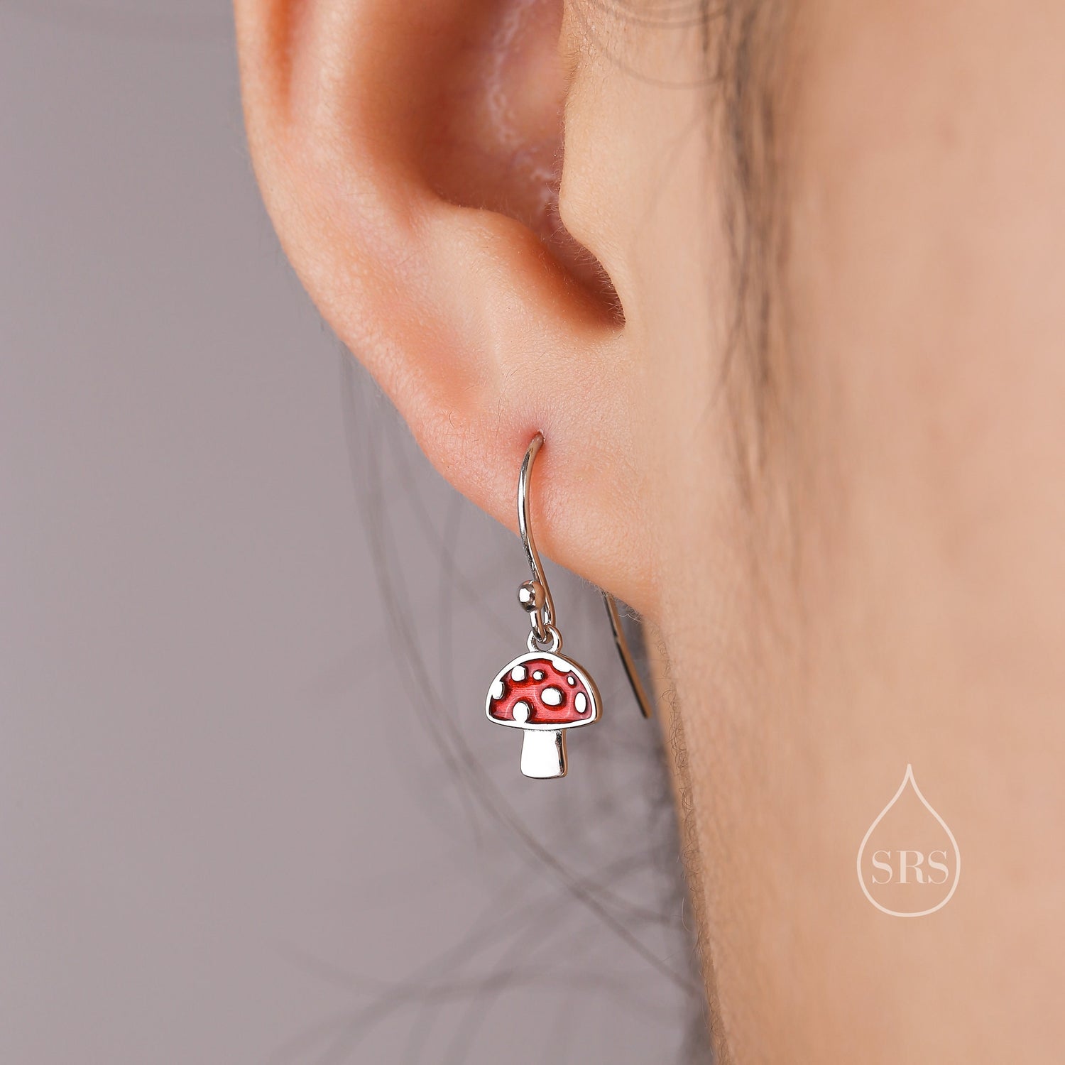 Dangling Mushroom Drop Hook Earrings in Sterling Silver, Mushroom Dangle Earrings, Red Enamel Mushroom Earrings, Toadstool Earrings