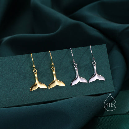 Whale Tail Drop Hook Earrings in Sterling Silver, Silver or Gold or Rose Gold, Fish Tail Dangle Earrings, Fish Earrings, Silver Fish Earring